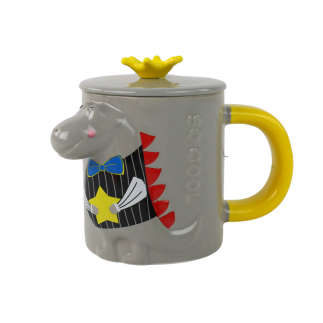 Kubek ceramiczny z pokrywką szary dinozaur 400 ml