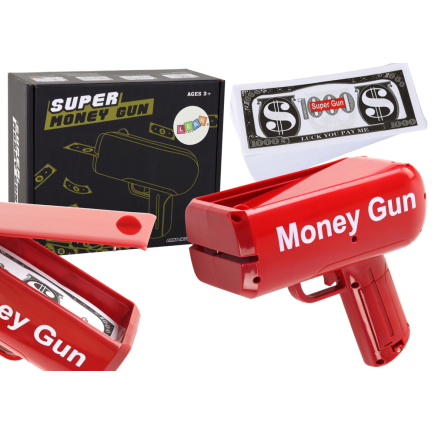 Pistolet na pieniądze strzelający czerwony wyrzutnia money gun banknoty