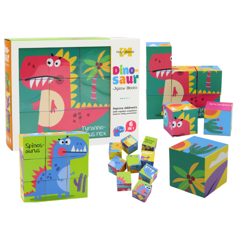 Edukacyjne Puzzle Dinozaury 6w1 - Klocki Układanka 9 El. - EAN: 5905991007753