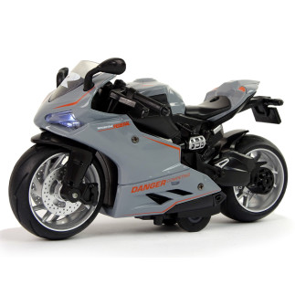 Sportowy motocykl szary z pomarańczowymi pasami 1:12, napęd pull-back, dźwięk i światła - EAN: 5905214970376