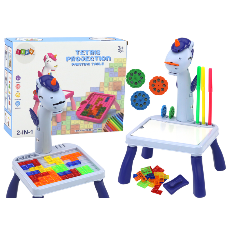 Mini projektor stolik tetris 2w1 jednorożec niebieski