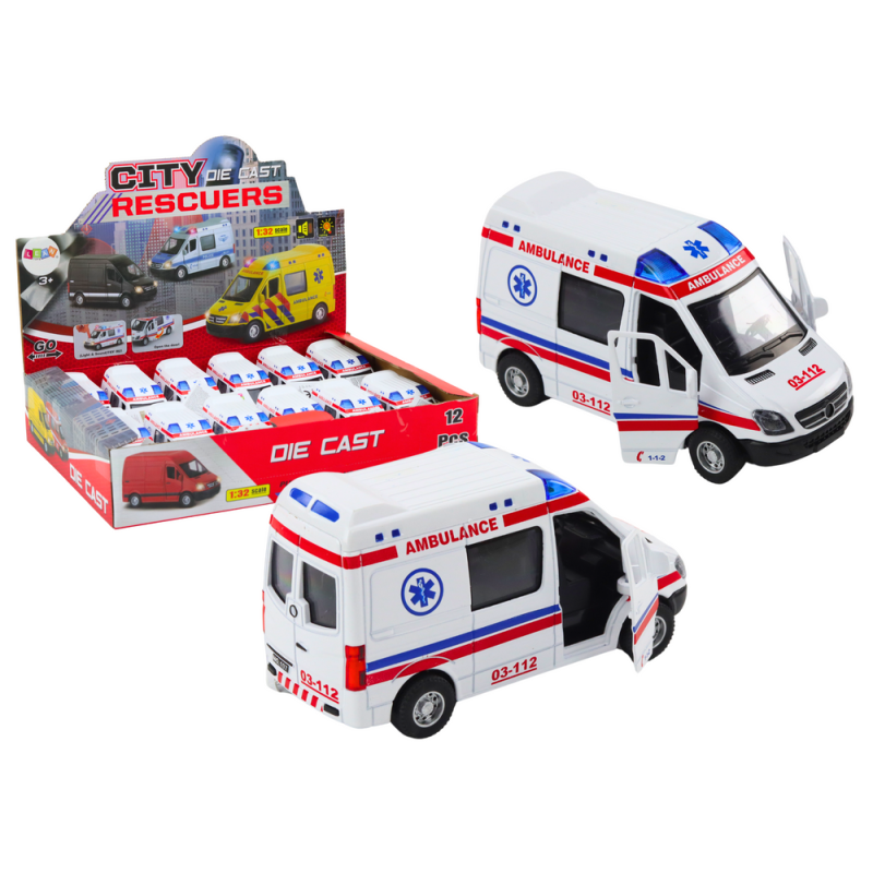 Ambulans Karetka 1:32 Otwierane Drzwi, Światła i Dźwięki, Napęd Biała - EAN: 5905991022169
