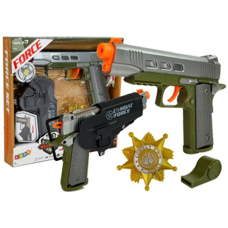 Zestaw policyjny pistolet 20cm odznaka gwizdek kabura efekty świetlne dźwięk