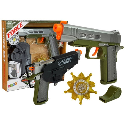 Zestaw policyjny pistolet 20cm odznaka gwizdek kabura efekty świetlne dźwięk