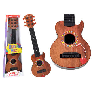 Gitara zabawkowa dla dzieci brązowa drewno kostka do gry