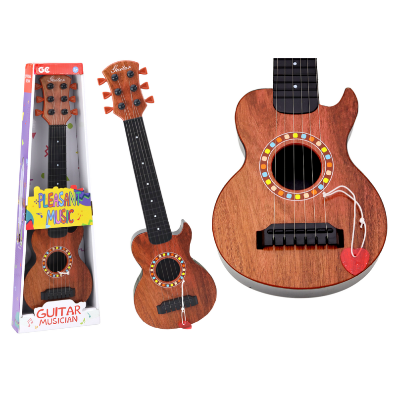 Gitara zabawkowa dla dzieci brązowa drewniana z kostką do gry EAN: 5905991012894