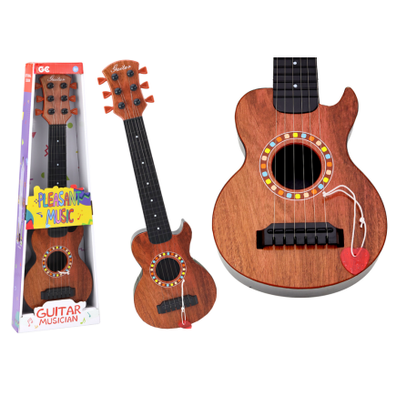 Gitara zabawkowa dla dzieci brązowa drewno kostka do gry