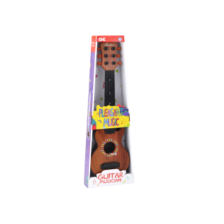Gitara zabawkowa dla dzieci brązowa drewno kostka do gry