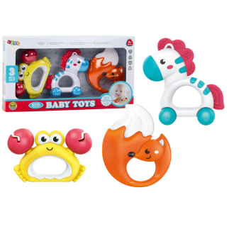 Zestaw zabawek dla niemowlaka grzechotki gryzaczki zebra krab lis 3 szt