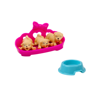 Mini laleczka długie włosy sukienka trzy pieski legowisko