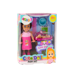 Mini laleczka długie włosy sukienka trzy pieski legowisko