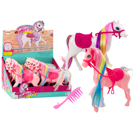 Figurka koń z kolorową grzywą różowe siodło szczotka farma biały różowy