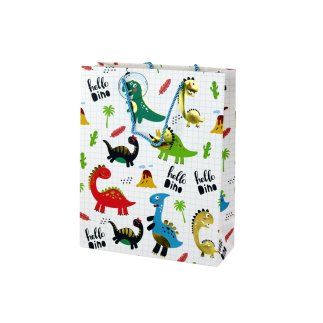 Papierowa torba prezentowa biała w kratkę dinozaury 32 cm x 26 cm x 10 cm