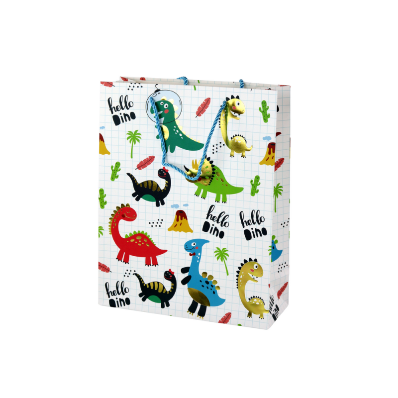 Papierowa torba prezentowa biała w kratkę dinozaury 32 cm x 26 cm x 10 cm EAN: 5905884453322
