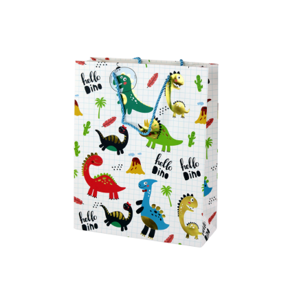 Papierowa torba prezentowa biała w kratkę dinozaury 32 cm x 26 cm x 10 cm
