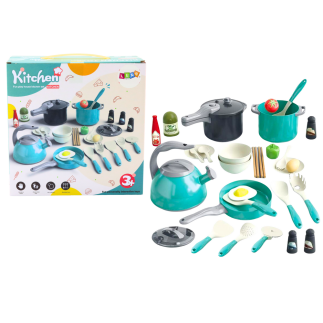 Zestaw małego kucharza garnki naczynia produkty spożywcze 33 el