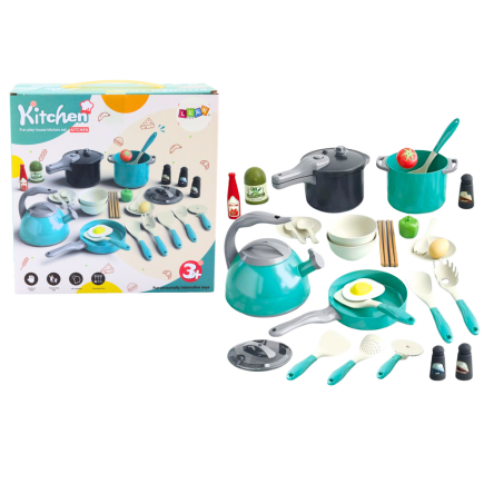 Zestaw małego kucharza garnki naczynia produkty spożywcze 33 el