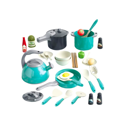 Zestaw małego kucharza garnki naczynia produkty spożywcze 33 el