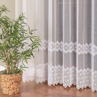 Firanka z aplikacją ze wzorem pasowym na markizecie, wysokość 280cm, kolor 001 biały