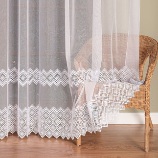 Firanka z aplikacją ze wzorem pasowym na markizecie, wysokość 280cm, kolor 001 biały