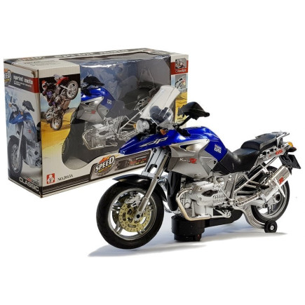 Motocykl na baterie ze światłami i muzyką niebieski