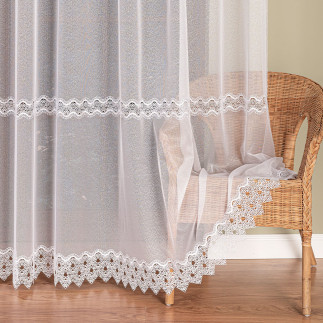 Firanka z aplikacją ze wzorem pasowym na markizecie, wysokość 280cm, kolor 001 biały