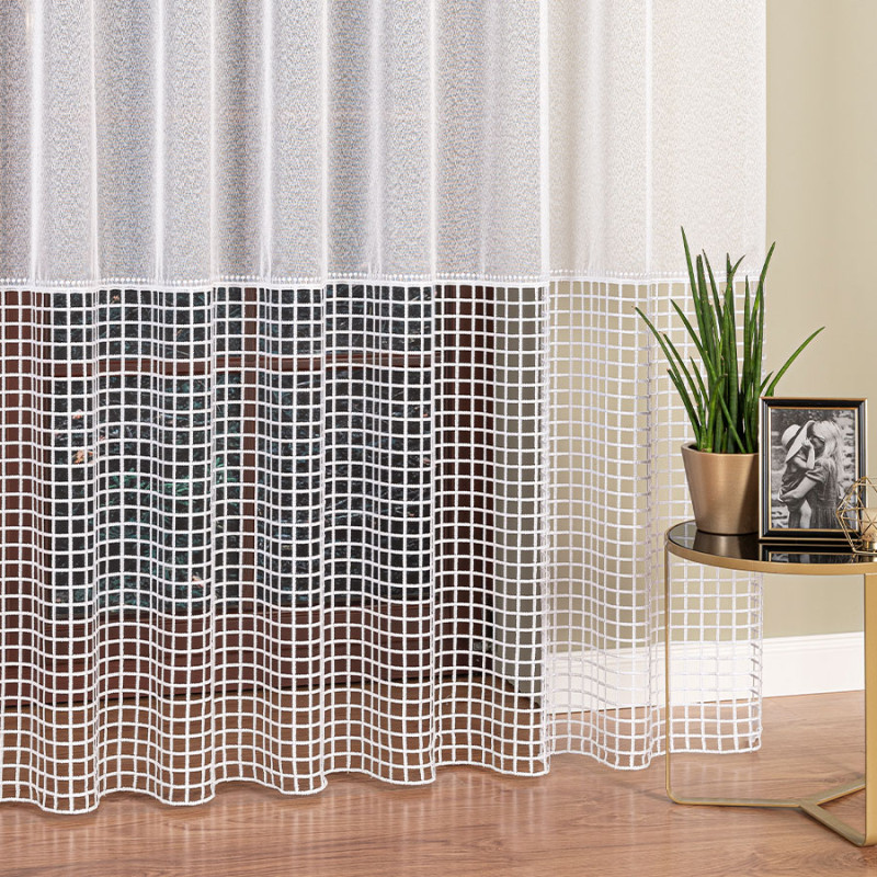 Firanka z aplikacją, pasowy wzór, 280cm, kolor 680 biały z białym dołem, EAN: 5906450009387