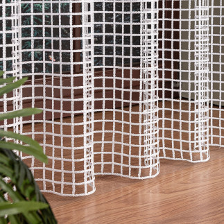 Firanka z aplikacją na markizecie ze wzorem pasowym, wysokość 280cm, kolor 680 biały z białym dołem