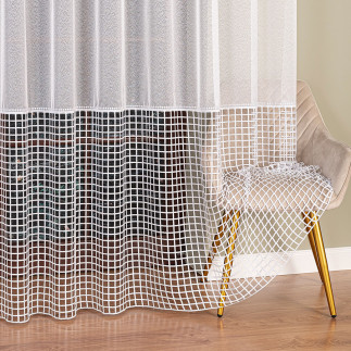 Firanka z aplikacją na markizecie ze wzorem pasowym, wysokość 280cm, kolor 680 biały z białym dołem