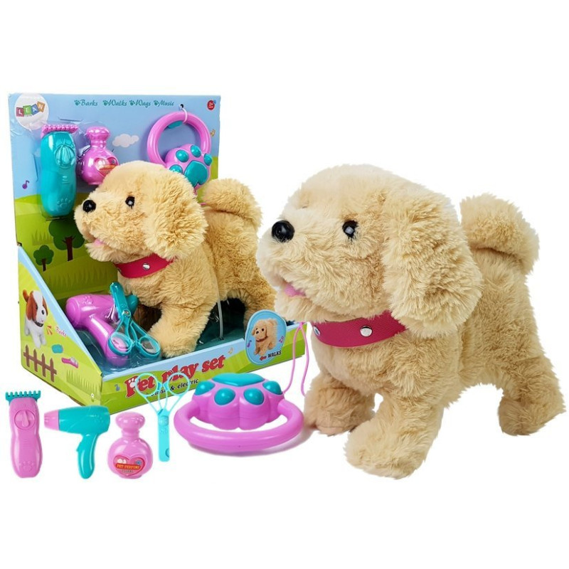 Pluszowy piesek na smyczy na baterie kremowy + EAN: 5905214973315