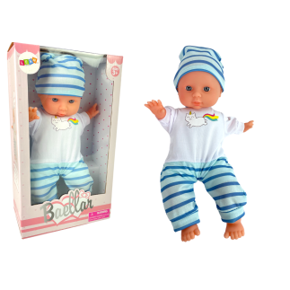 Lalka bobas niebieska piżama w paski 30 cm