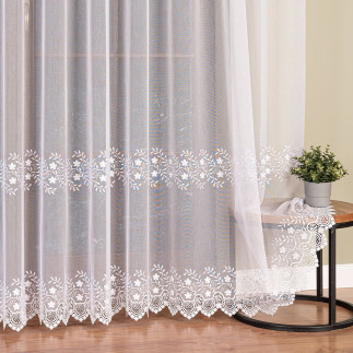 Firanka z aplikacją ze wzorem pasowym na markizecie, wysokość 280cm, kolor 001 biały