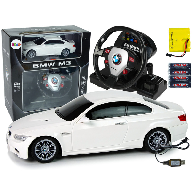 Zdalnie sterowane auto BMW M3 białe z pilotem i kierownicą, dźwięk i światła - EAN: 5904204756594