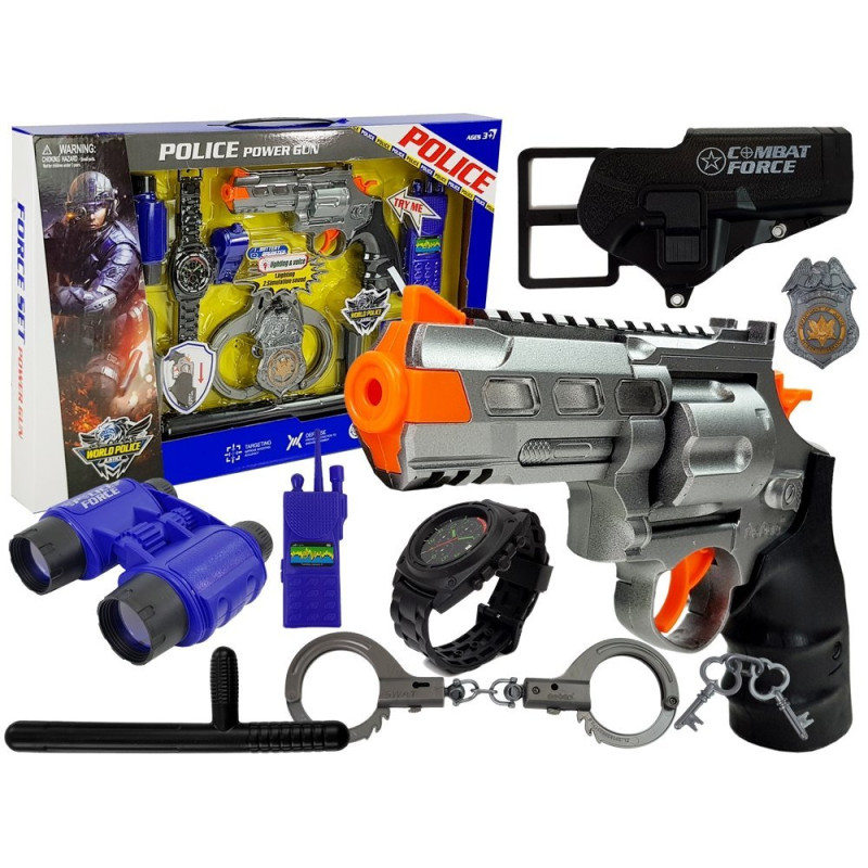 Zestaw Policyjny: Pistolet, Kajdanki, Lornetka, Gwizdek, Zegarek, Odznaka - EAN: 5903802454550