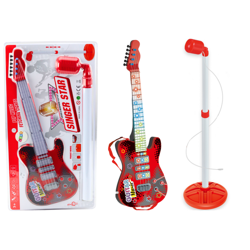 Elektryczna gitara z mikrofonem na baterie i statyw - czerwona, EAN: 5905991032557
