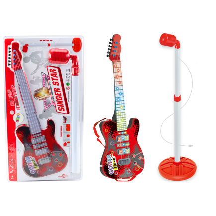 Zestaw gitara elektryczna statyw z mikrofonem na baterie czerwona