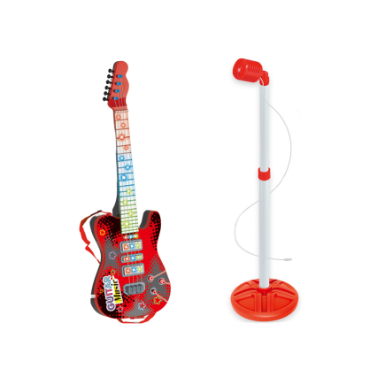 Elektryczna gitara z mikrofonem na baterie i statyw - czerwona, EAN: 5905991032557