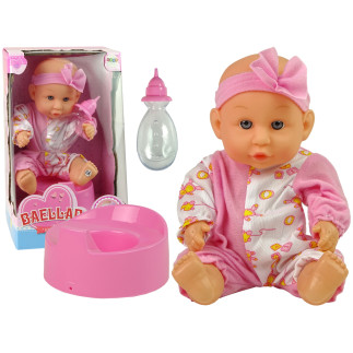 Lalka bobas różowa nocnik siusia pije kokardka 24 cm
