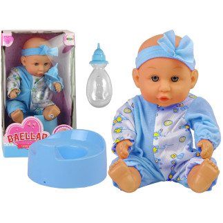 Lalka bobas niebieska nocnik siusia pije kokardka 24 cm