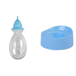 Lalka bobas niebieska nocnik siusia pije kokardka 24 cm