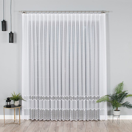 Firanka z aplikacją na markizetę, wzór pasowy, 250 cm, kolor biały 001, EAN: 5906450924543