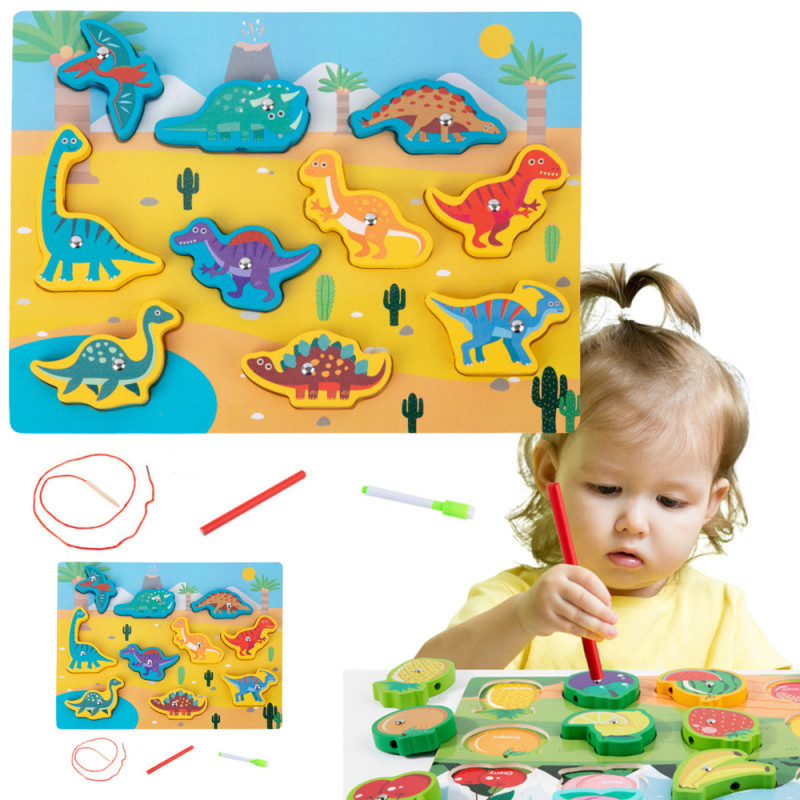 Układanka drewniana Dinozaury z magnesami i sznurkiem do przeplatania EAN: 5905991043843
