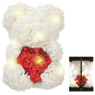 Bq54c miś z róż z sercem 25cm             biało-czerwony led