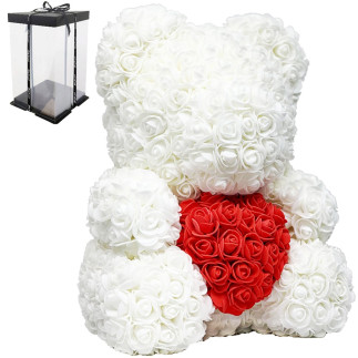 Bq54c miś z róż z sercem 25cm             biało-czerwony led