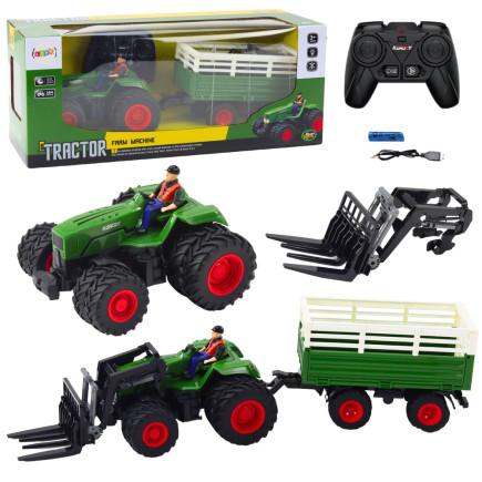Traktor rolniczy z przyczepą i widłami podwójne koła zdalnie sterowany rc