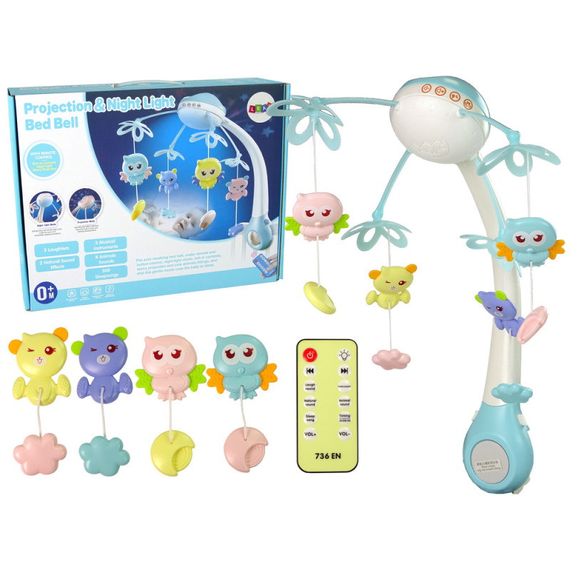 Karuzela do łóżeczka z projektorem i pilotem, melodie i odgłosy zwierząt, niebieska - EAN: 5904204757621 Karuzela do łóżeczka z projektorem i pilotem, melodie i odgłosy zwierząt, niebieska - EAN: 5904204757621
