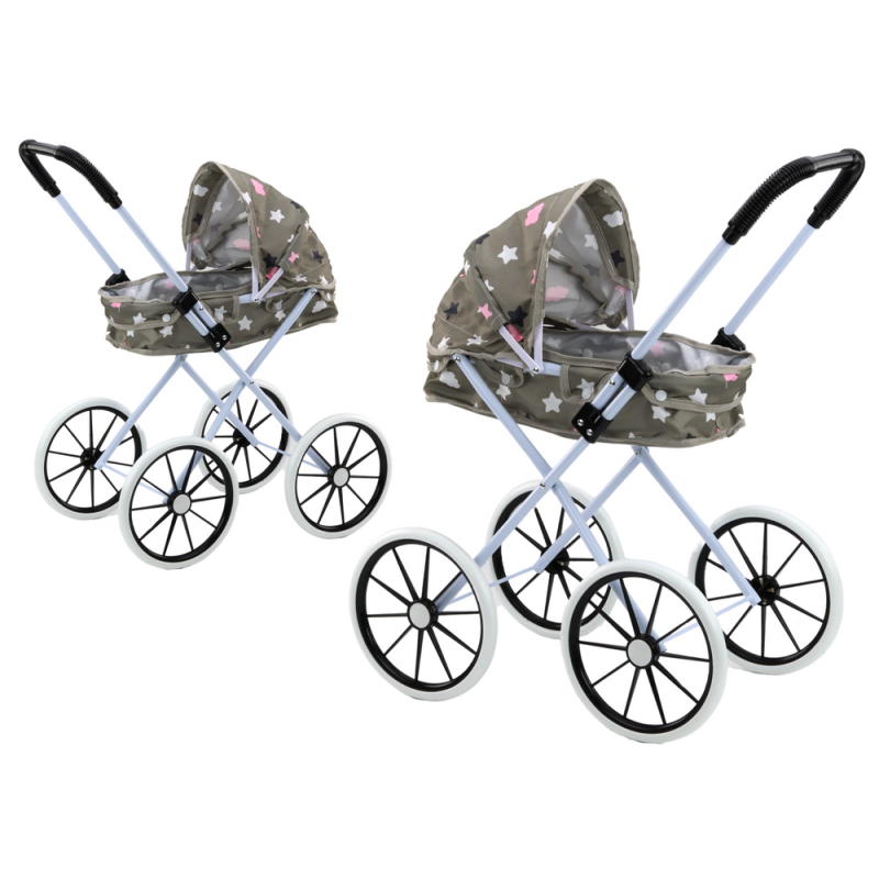 Wózek dla lalek dużymi kołami, składany, szary z gwiazdkami i chmurkami, 60 cm | EAN: 5905991055969