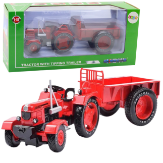 Metalowy traktor rolniczy z przyczepą czerwony 1:18