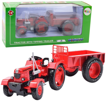 Metalowy traktor rolniczy z przyczepą czerwony 1:18