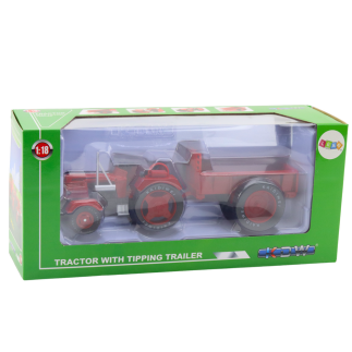 Metalowy traktor rolniczy z przyczepą czerwony 1:18 EAN: 5905991057826